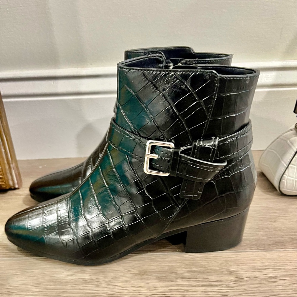 Talbots Black Croc-Embossed Ankle Booties with Silver Buckle Accent